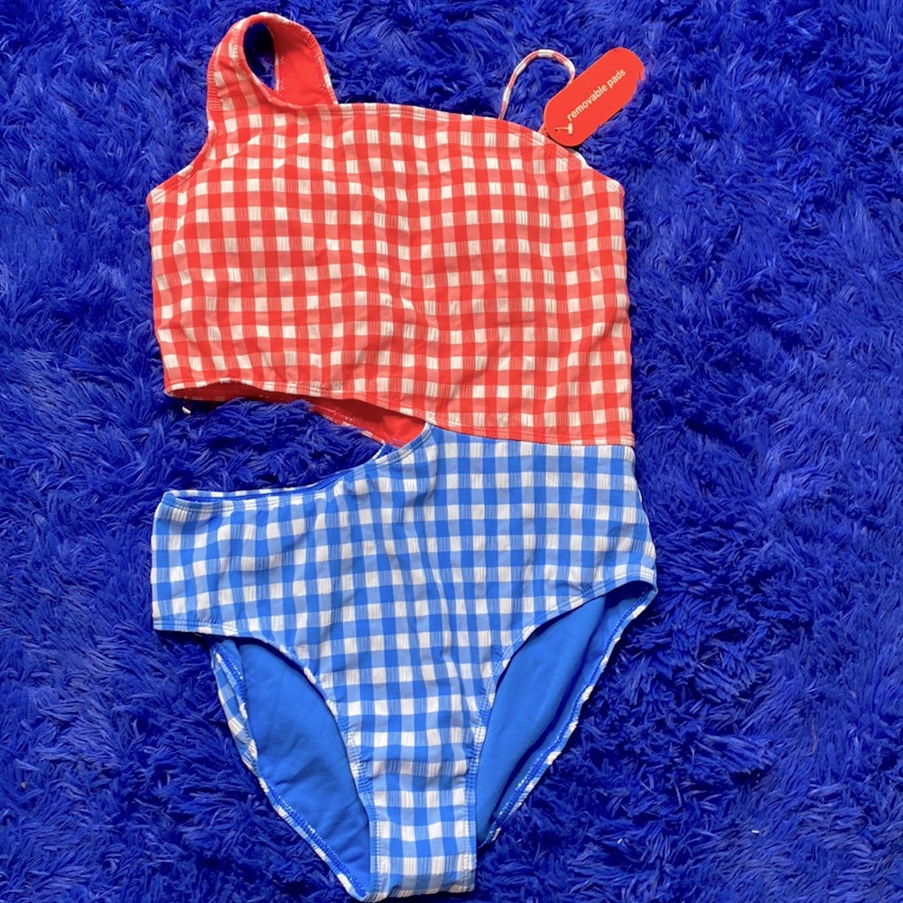 Wonder Nation Girls Coral & Blue Checkered Cutout Swimsuit Girl’s Size XL 14-16